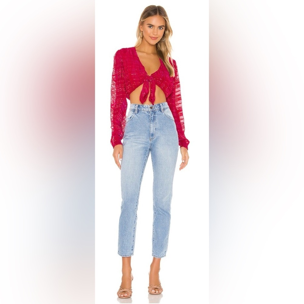 Lovers + Friends Hot Bubblegum Pink metallic sheer long sleeve sexy tie front  S